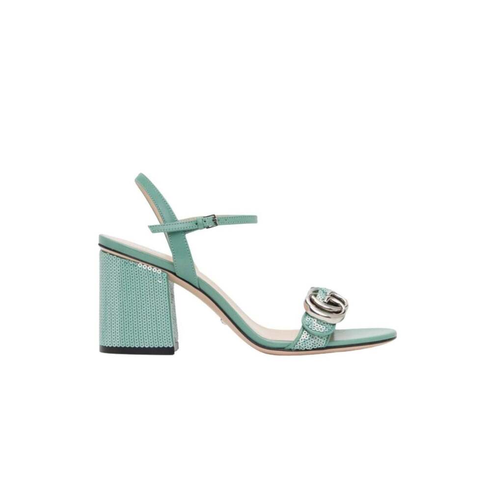 Gucci - Green Sequin GG Marmont Mid Heeled Sandals - IT 36